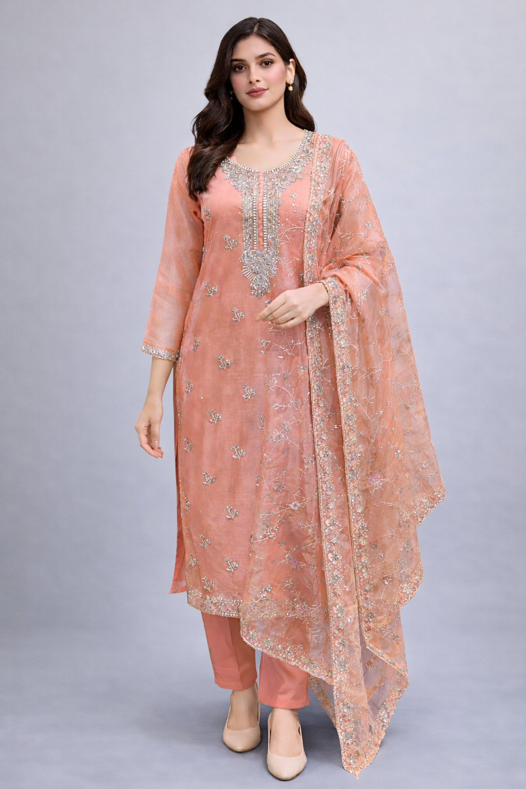 Peach Embroidered Kurta Set with Pants & Dupatta