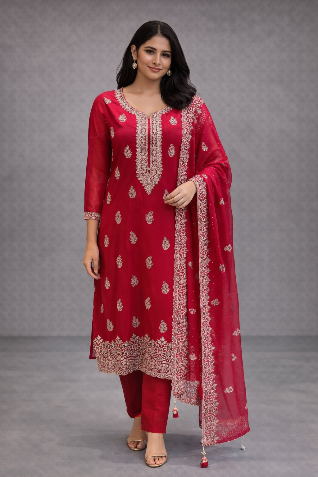 Elegant Red Embroidered Kurta Set with Chiffon Dupatta