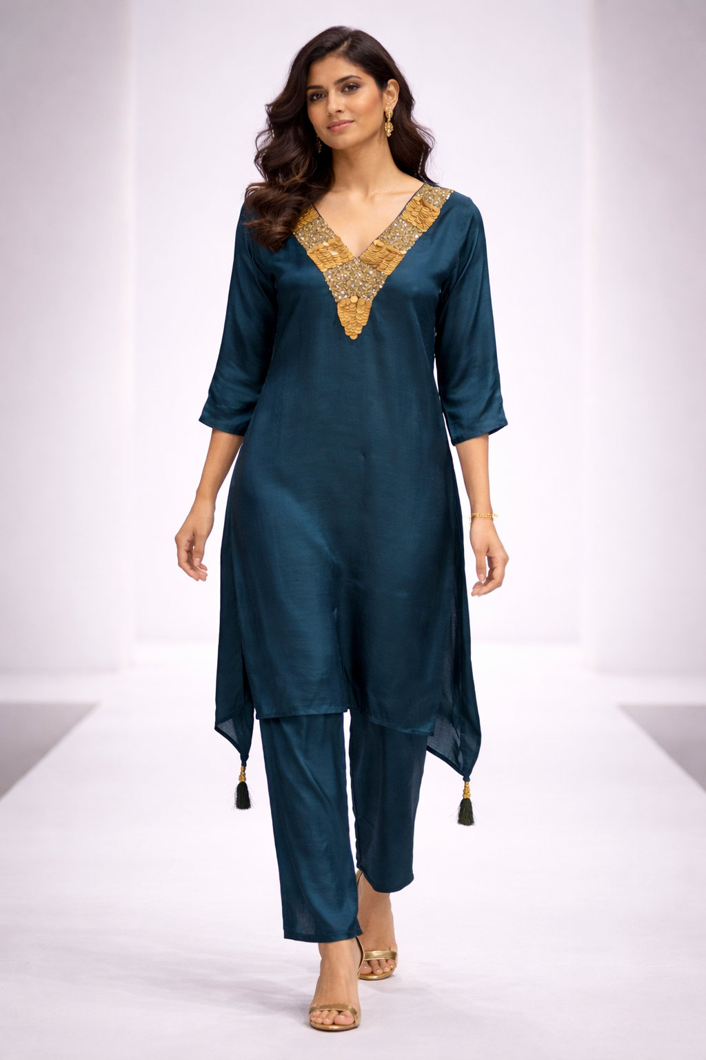 Women's Embellished Silk Kurta Palazzo Set