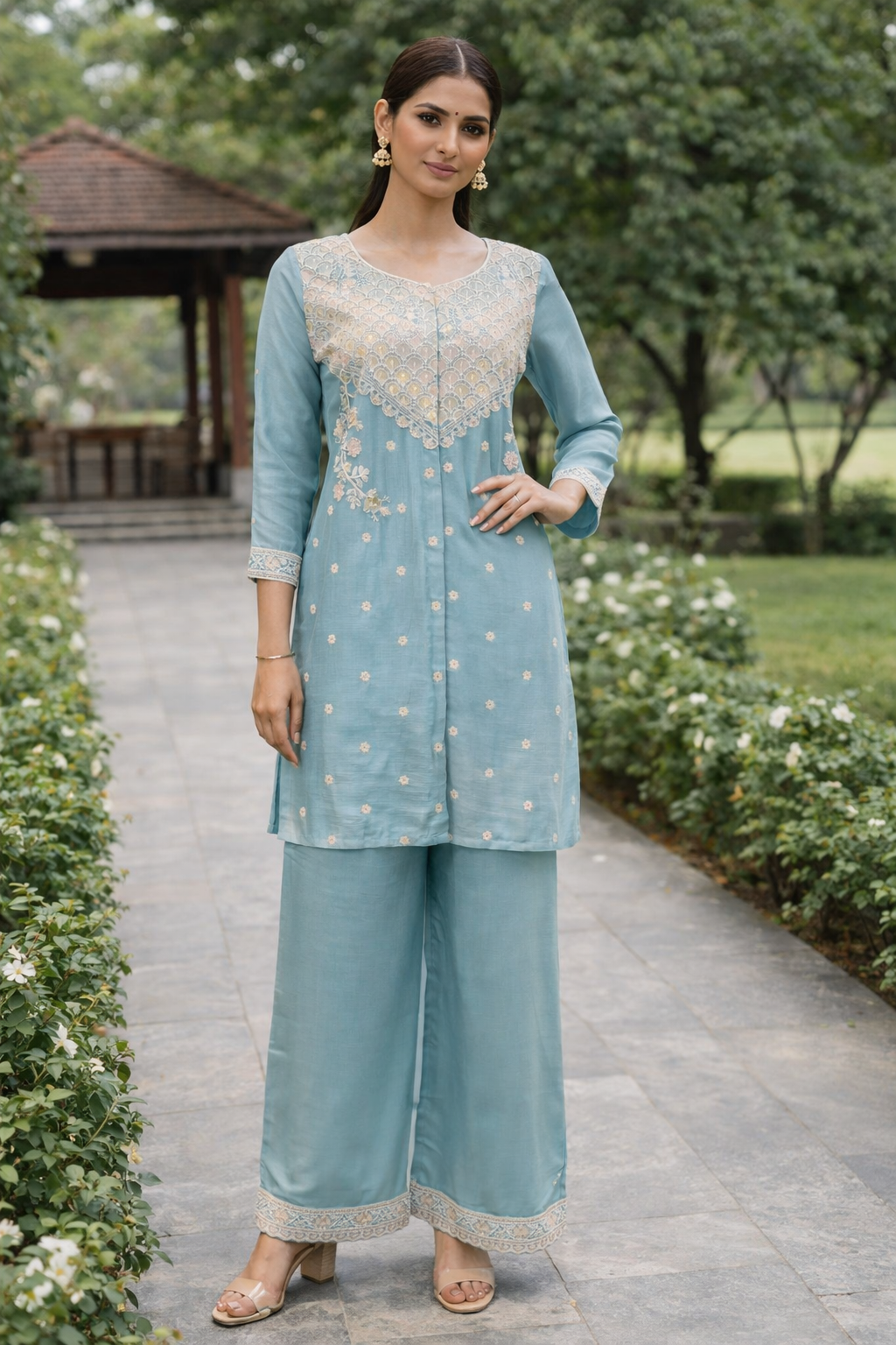 Women's Pastel Blue Embroidered Silk Kurta Palazzo Set