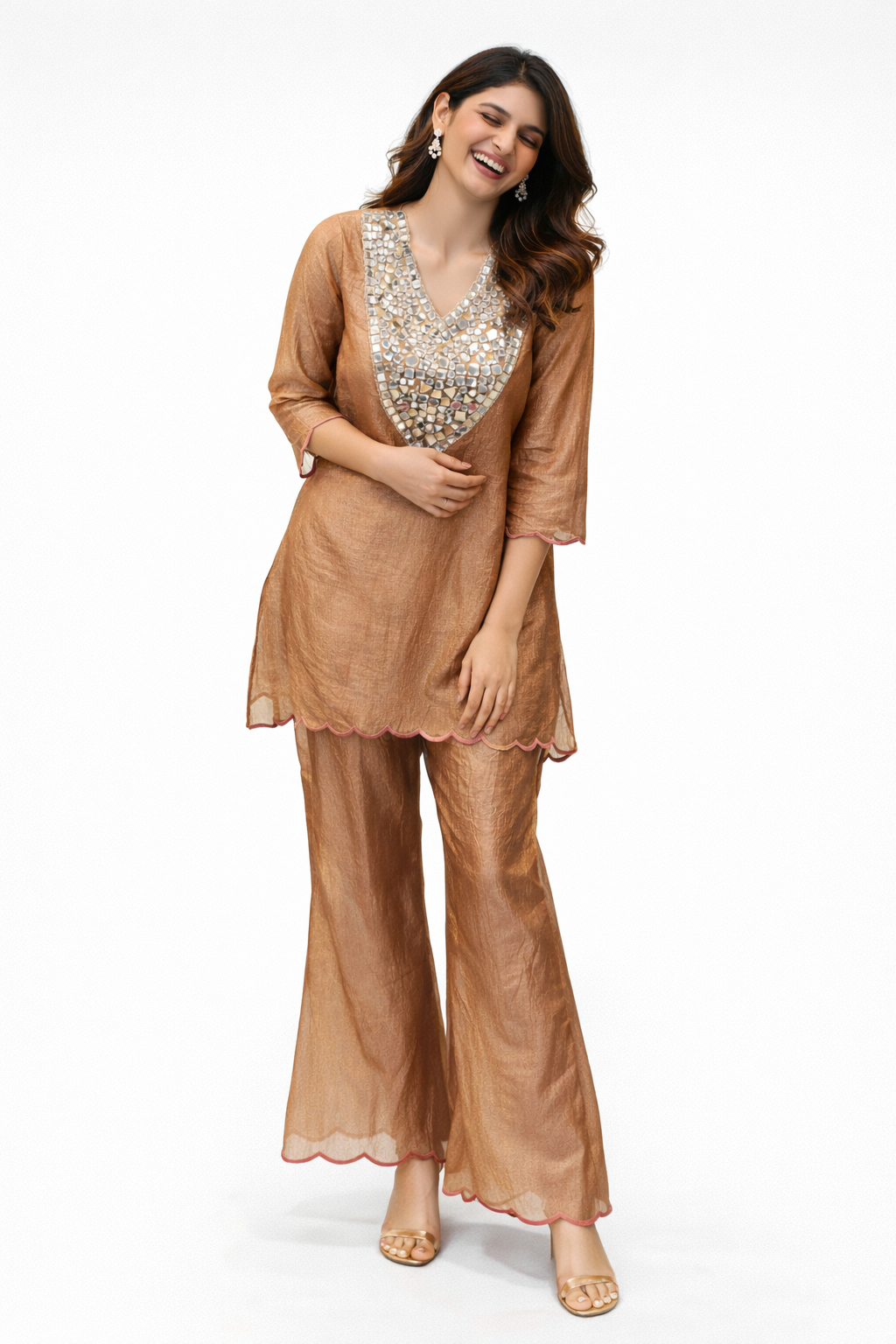 Women's Copper Brown Embellished Crush Tissue Co-ord Set