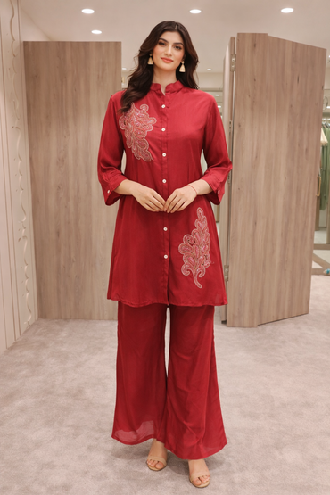 Women's Embroidered Silk Co-ord Set