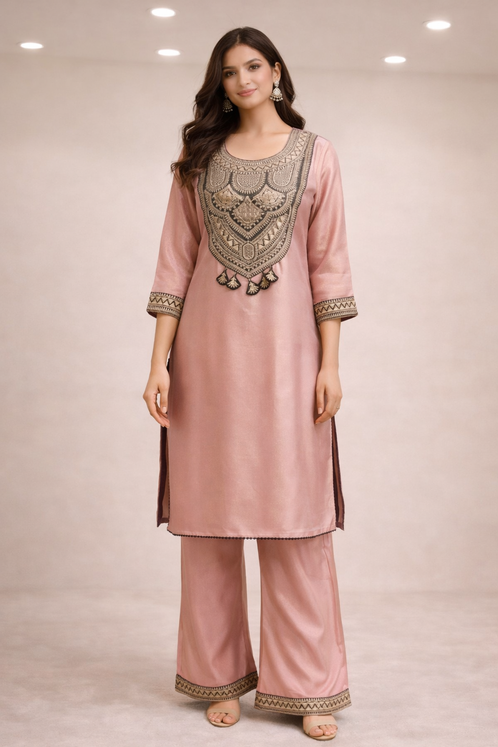 Women's Blush Pink Embroidered Tissue Silk Kurta Palazzo Set