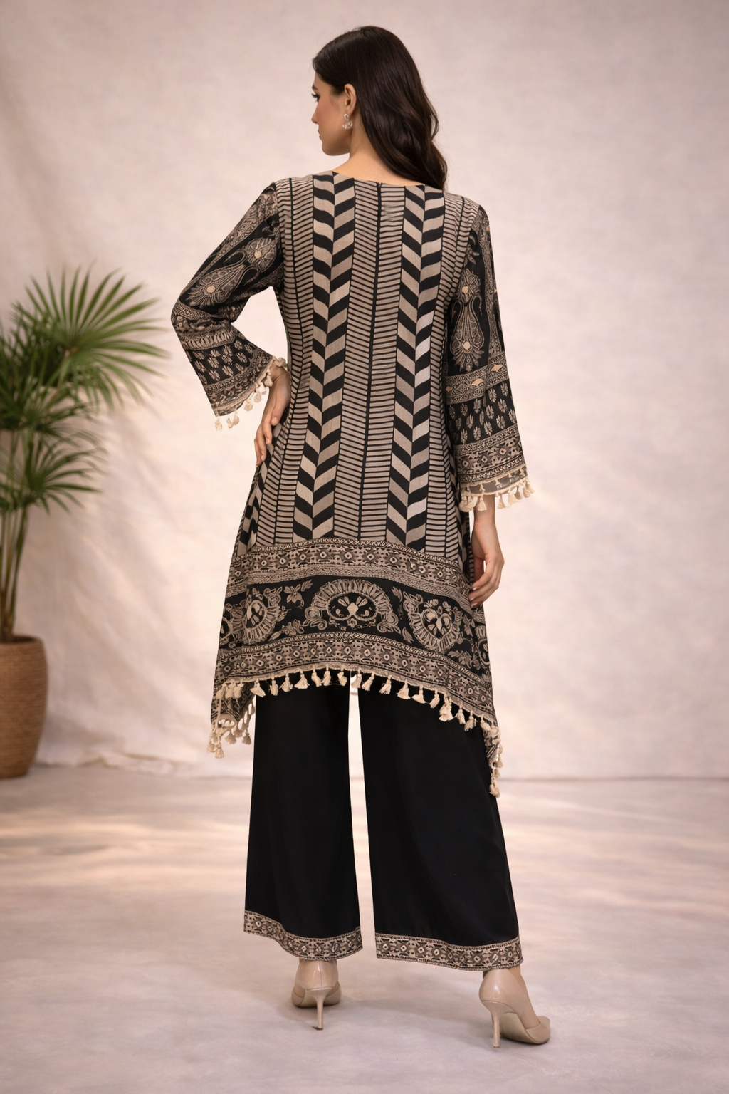 Women's Black Printed Silk Kurta Palazzo Set