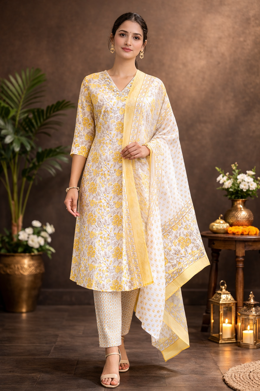 Yellow Floral Printed Kurta Set with Pants & Dupatta