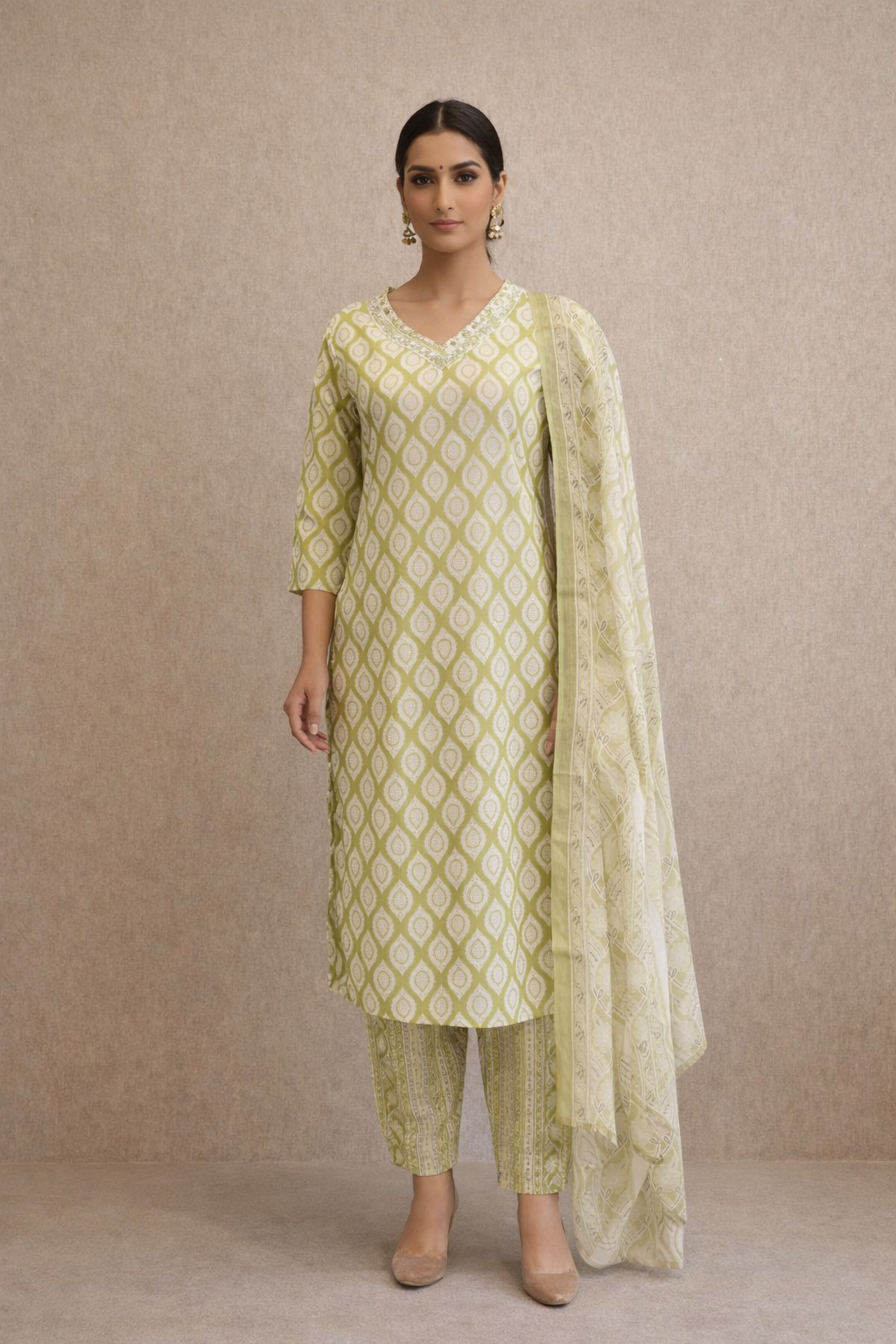 Pastel Green Printed Kurta Set with Pants & Dupatta