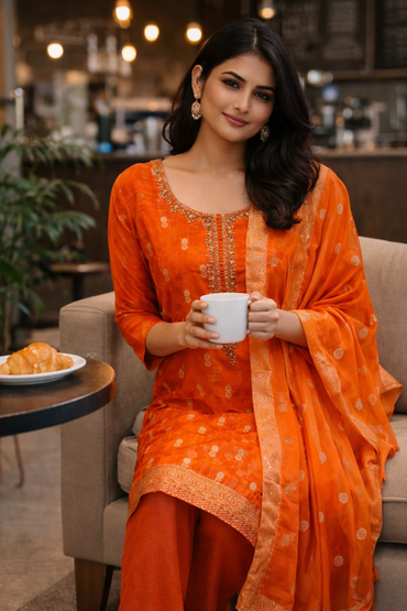 Orange Silk Embroidered Kurta Set with Pants & Dupatta
