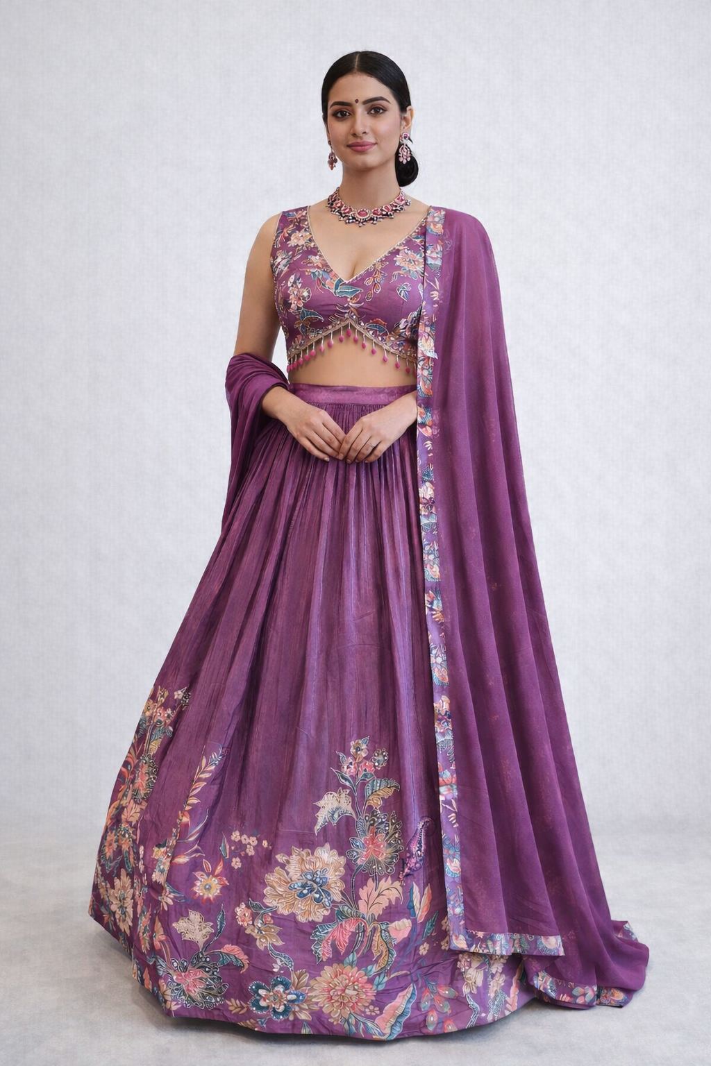 Elegant Purple Floral Silk Lehenga Choli Set with Dupatta
