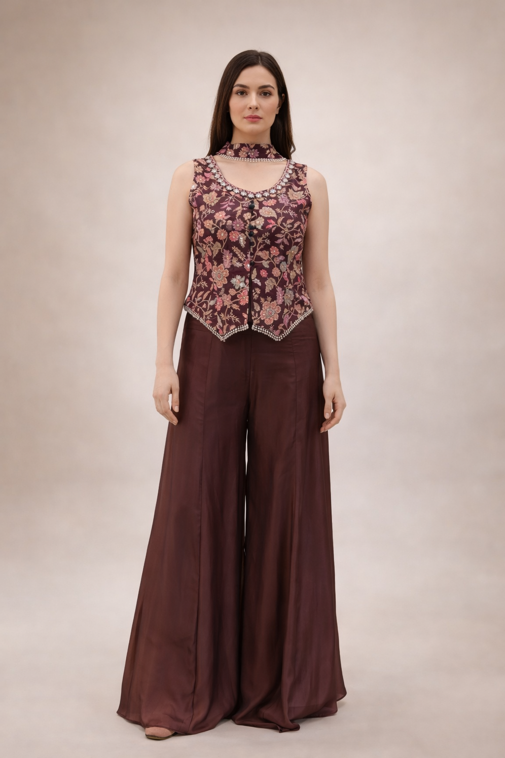 Wine Floral Embroidered Silk Peplum Top with Palazzo for Women