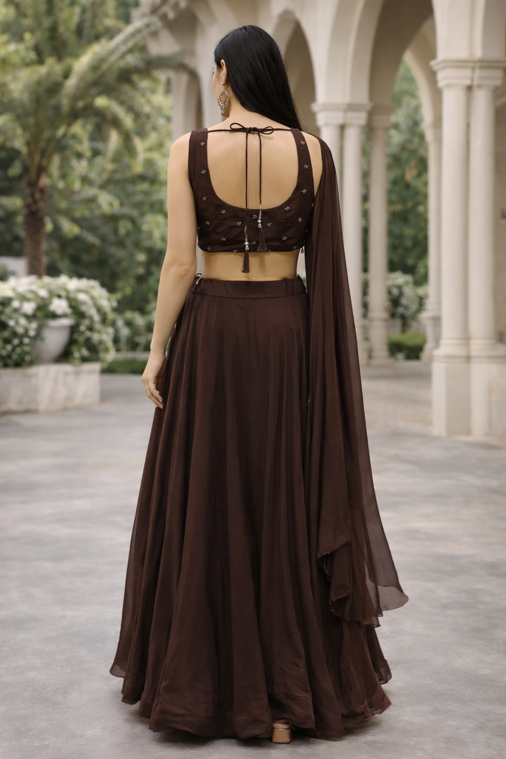 Women's Chocolate Brown Embroidered Silk Lehenga Choli Set with Dupatta