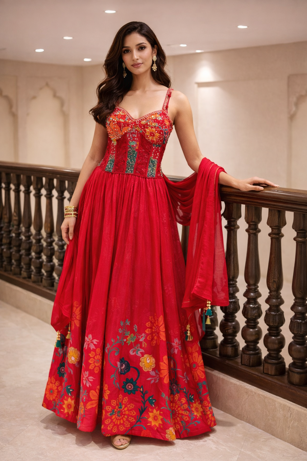 Elegant Red Embroidered Silk Anarkali Gown with Dupatta