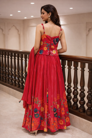 Elegant Red Embroidered Silk Anarkali Gown with Dupatta