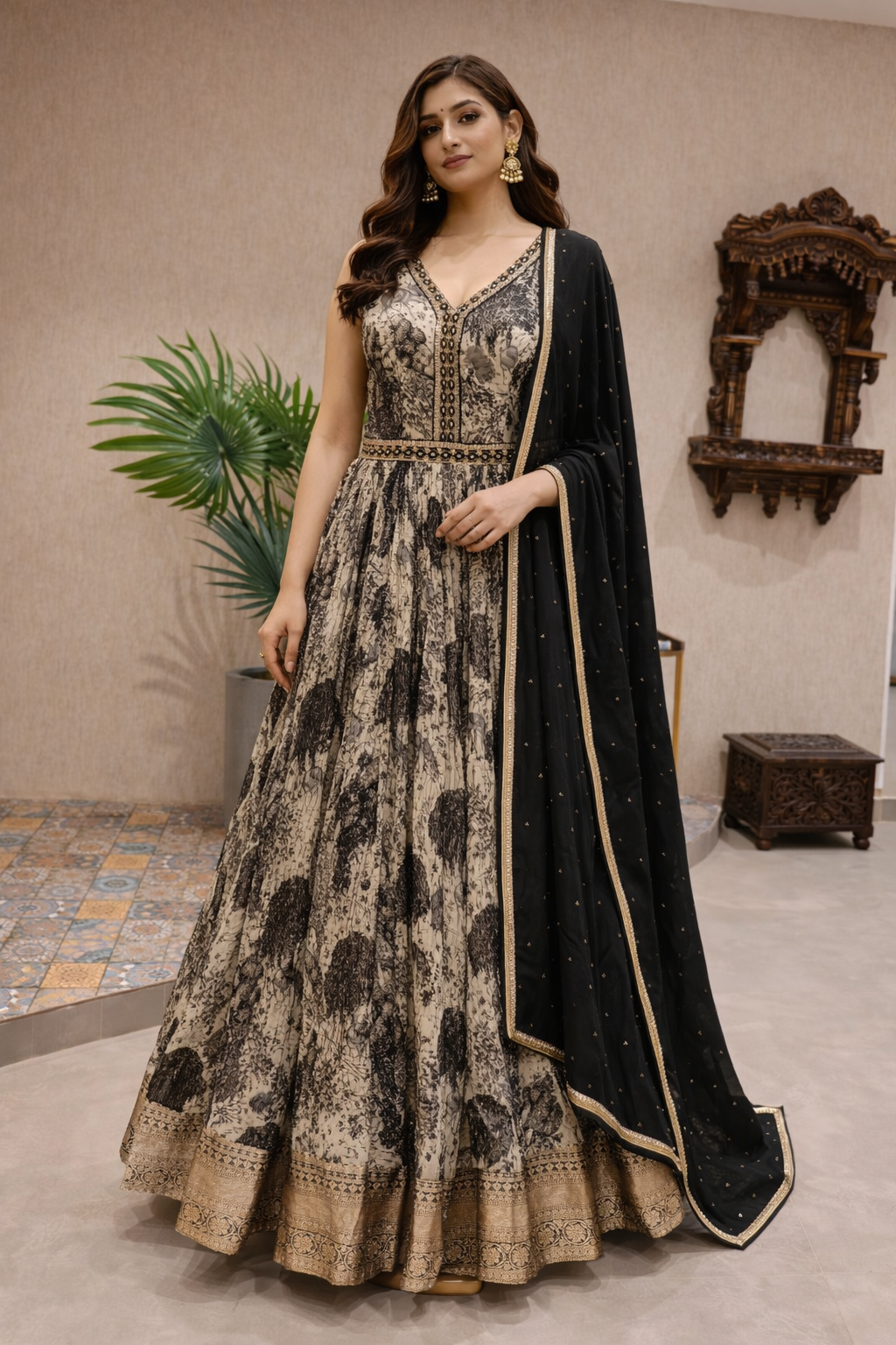 Luxury Black & Beige Designer Anarkali Gown Set with Dupatta