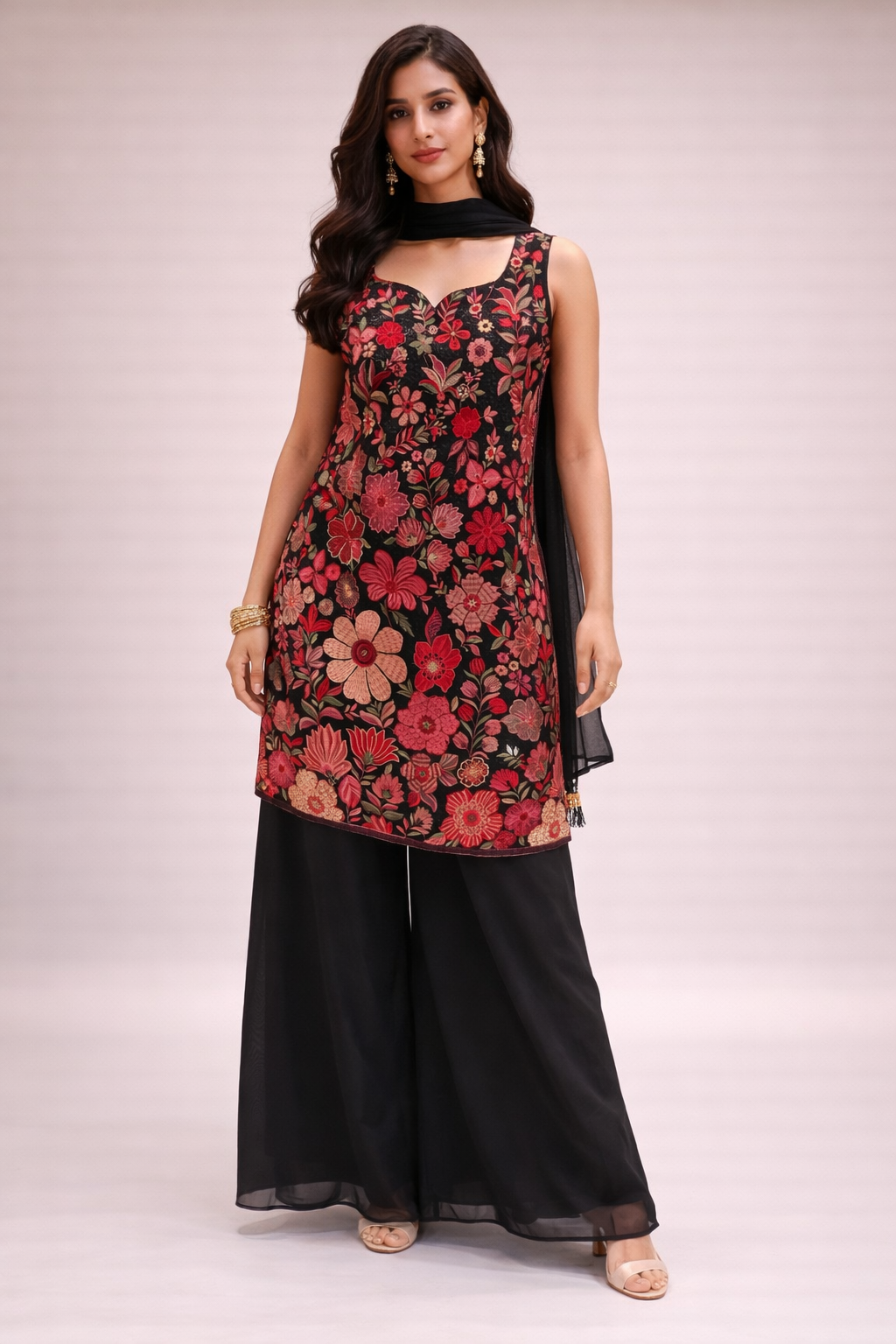 Black Floral Embroidered Georgette Kurta Sharara Set with Dupatta for Women