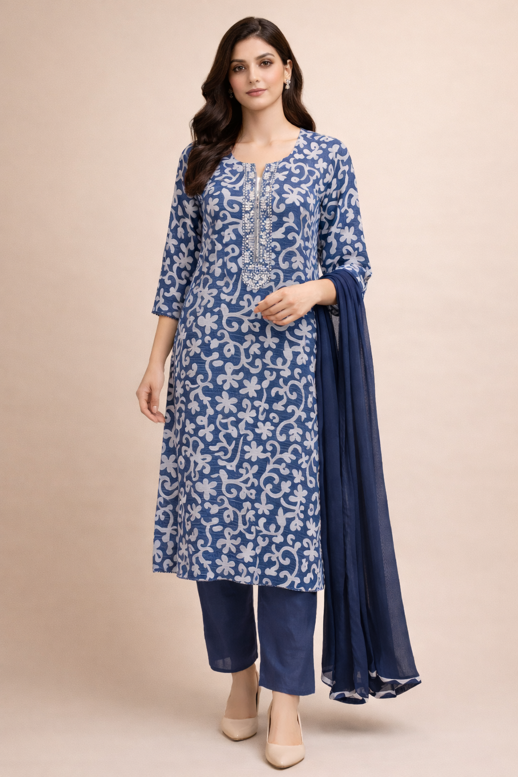 Elegant Steel Blue Cotton Printed Kurta Set with Dupatta