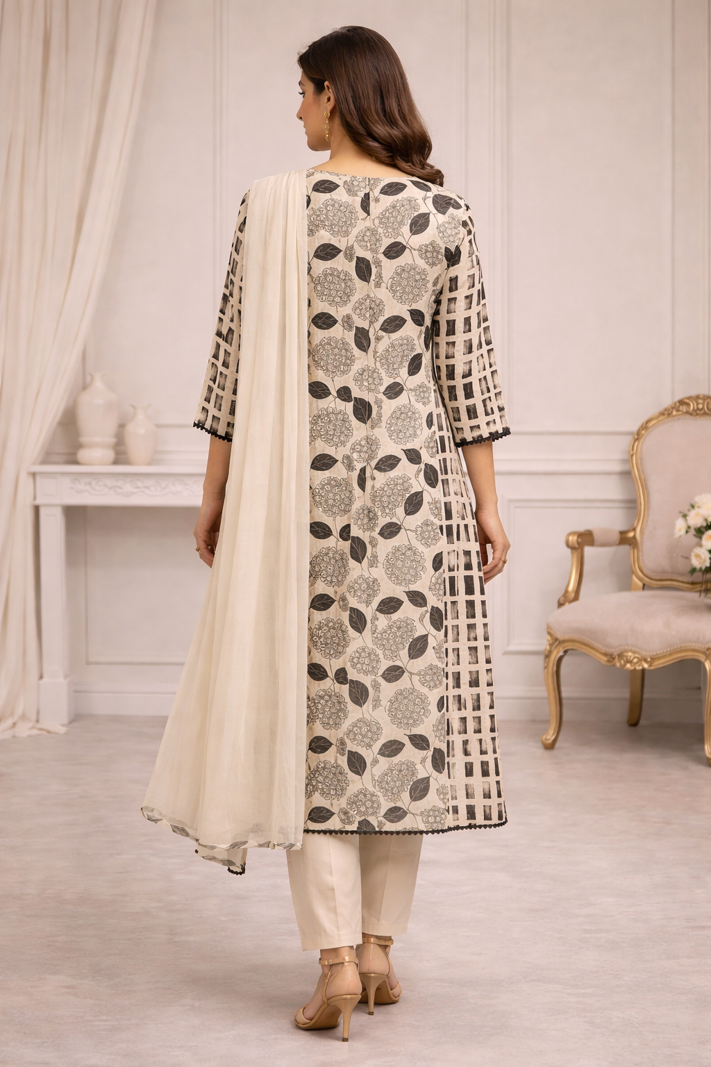 Cream & Black Printed Kurta Set with Dupatta