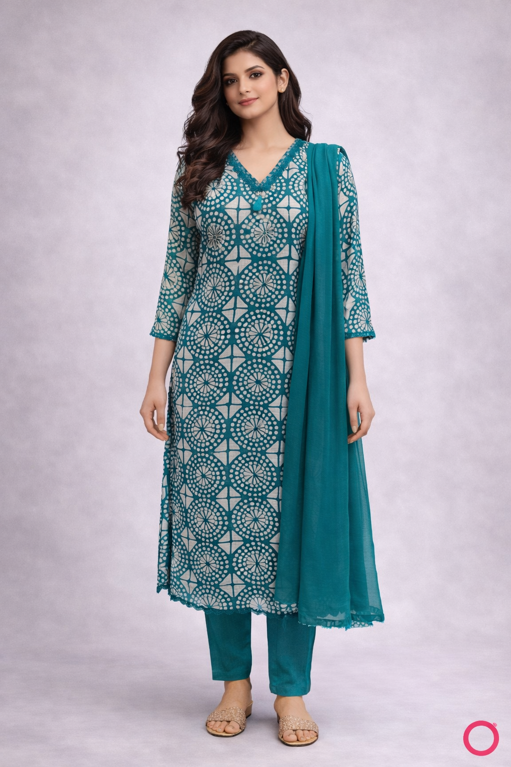 Teal Green Geometric Printed Kurta Set with Pants & Dupatta