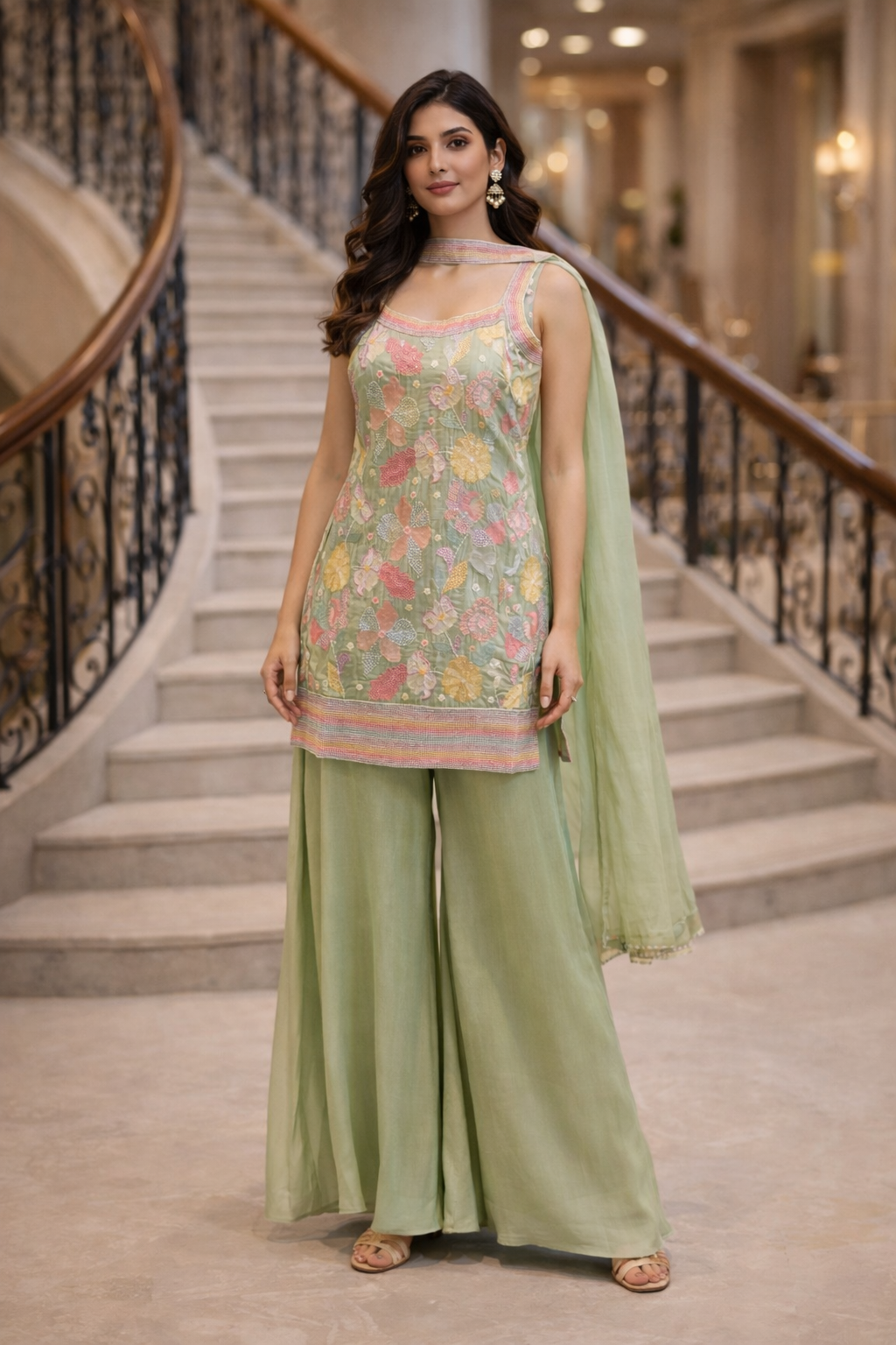 Pastel Green Exquisite Floral Embroidered Silk Kurta Sharara Set with Dupatta for Women