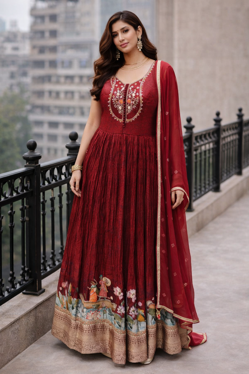 Luxury Maroon Designer Anarkali Gown with Printed Border & Dupatta