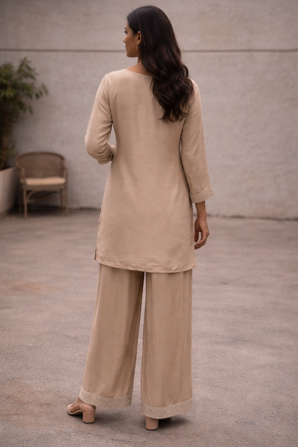 Women's Beige Embroidered Silk Kurta Palazzo Set