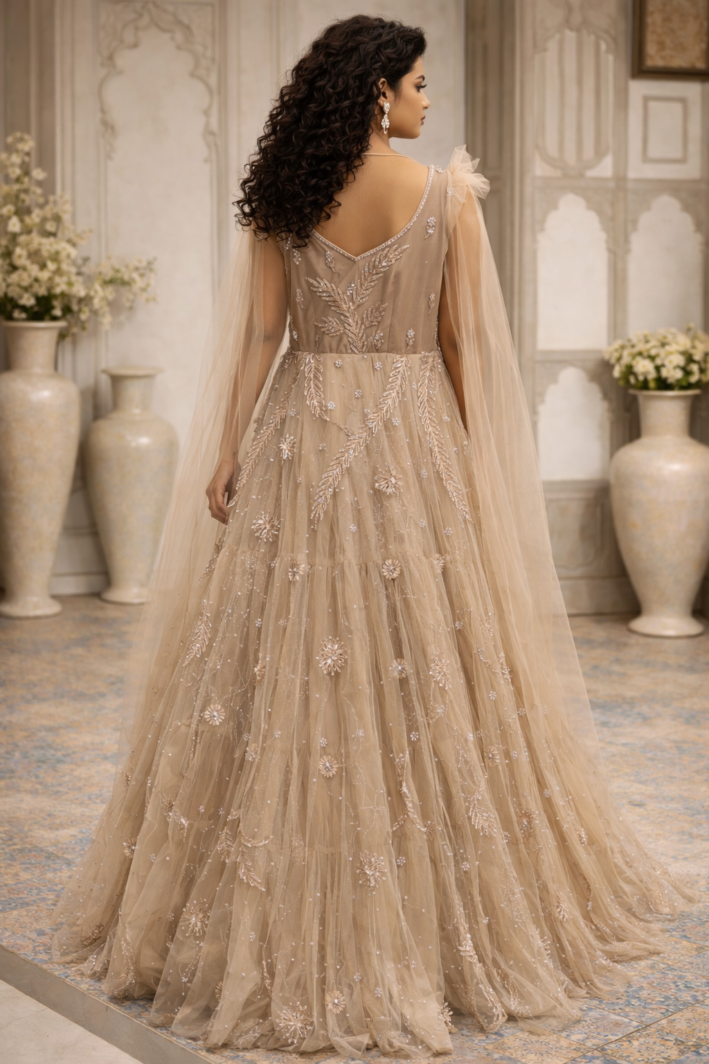 Luxury Champagne Embroidered Anarkali Gown with Dupatta