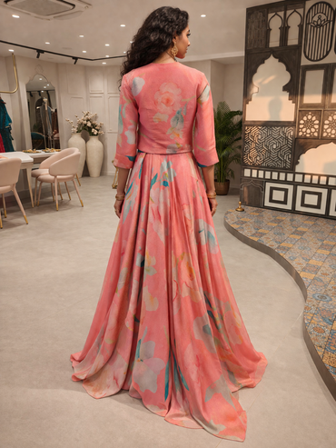 Women's Peach Floral Printed Tissue Gown with Short Jacket