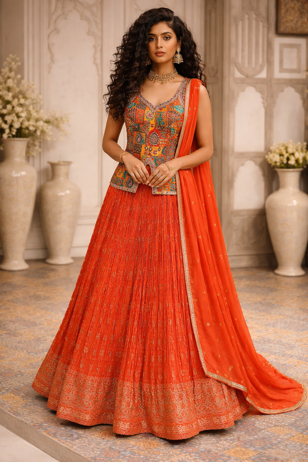 Women's Orange Embroidered Silk Lehenga Choli Set with Printed Blouse & Dupatta