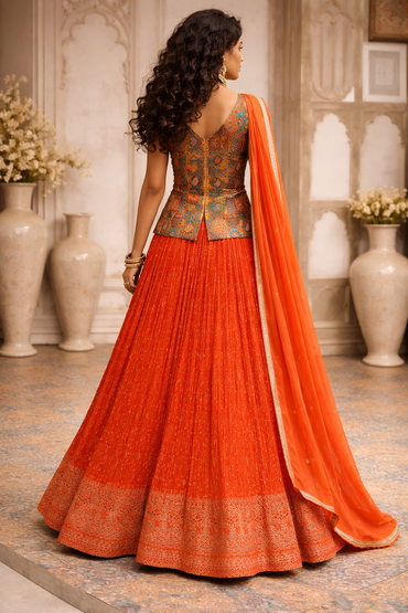 Women's Orange Embroidered Silk Lehenga Choli Set with Printed Blouse & Dupatta
