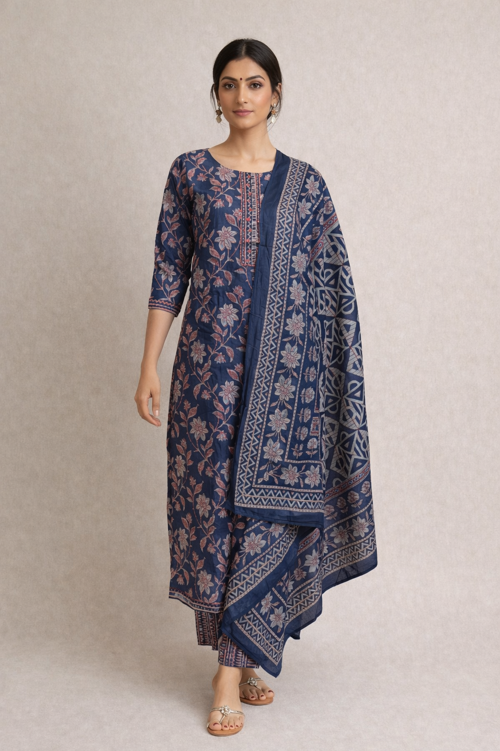 Elegant Indigo Blue Cotton Printed Kurta Set with Dupatta