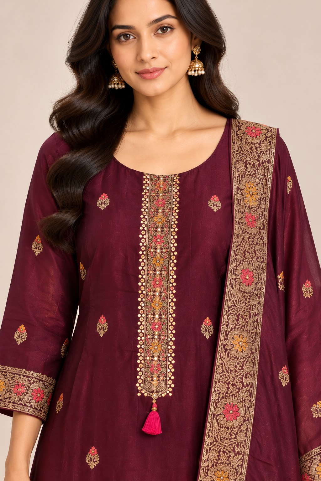 R46690 Wine Brocade Silk straight cut close-up