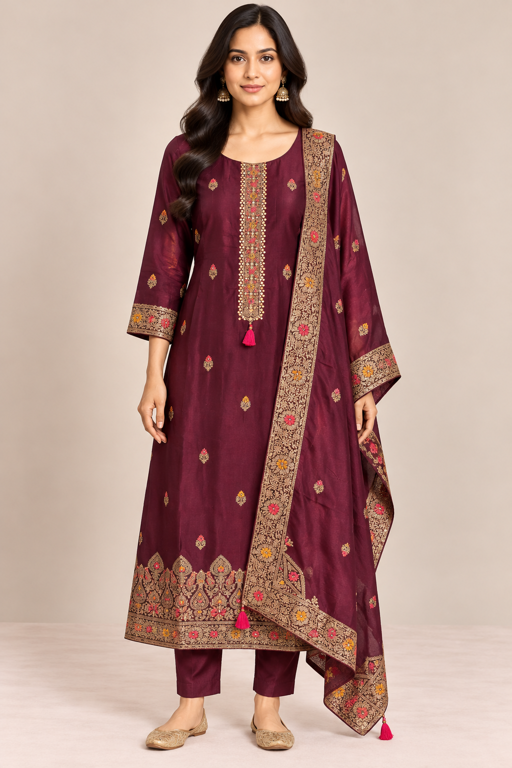R46690 Wine Brocade Silk straight cut front view