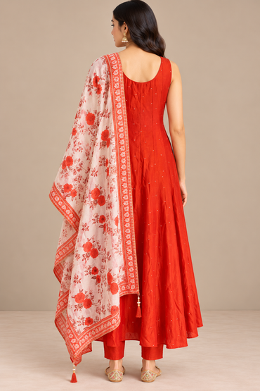 Burnt Orange Vichitra Silk Anarkali Suit - back view