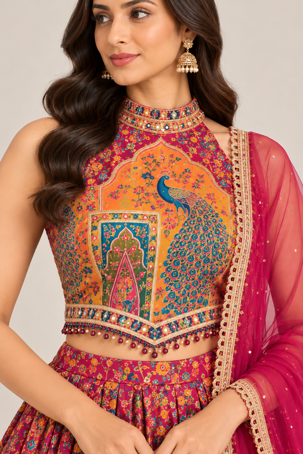 Multicolour Peacock Motif Lehenga Choli with Pink Dupatta