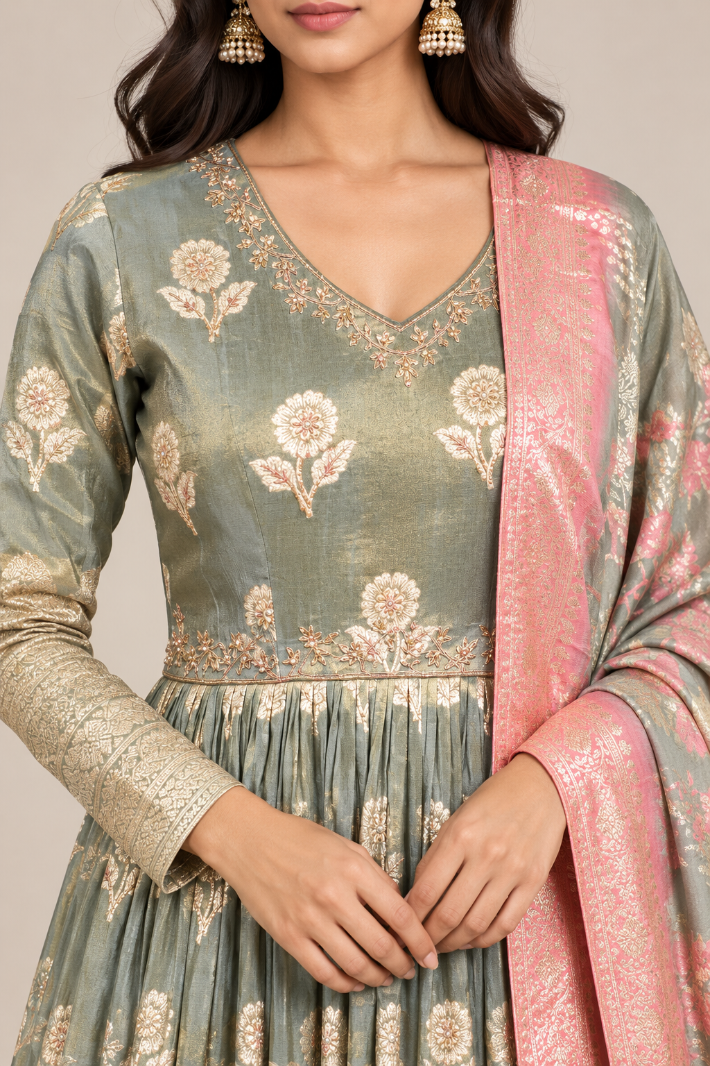 Sage Green Brocade Silk Anarkali Set