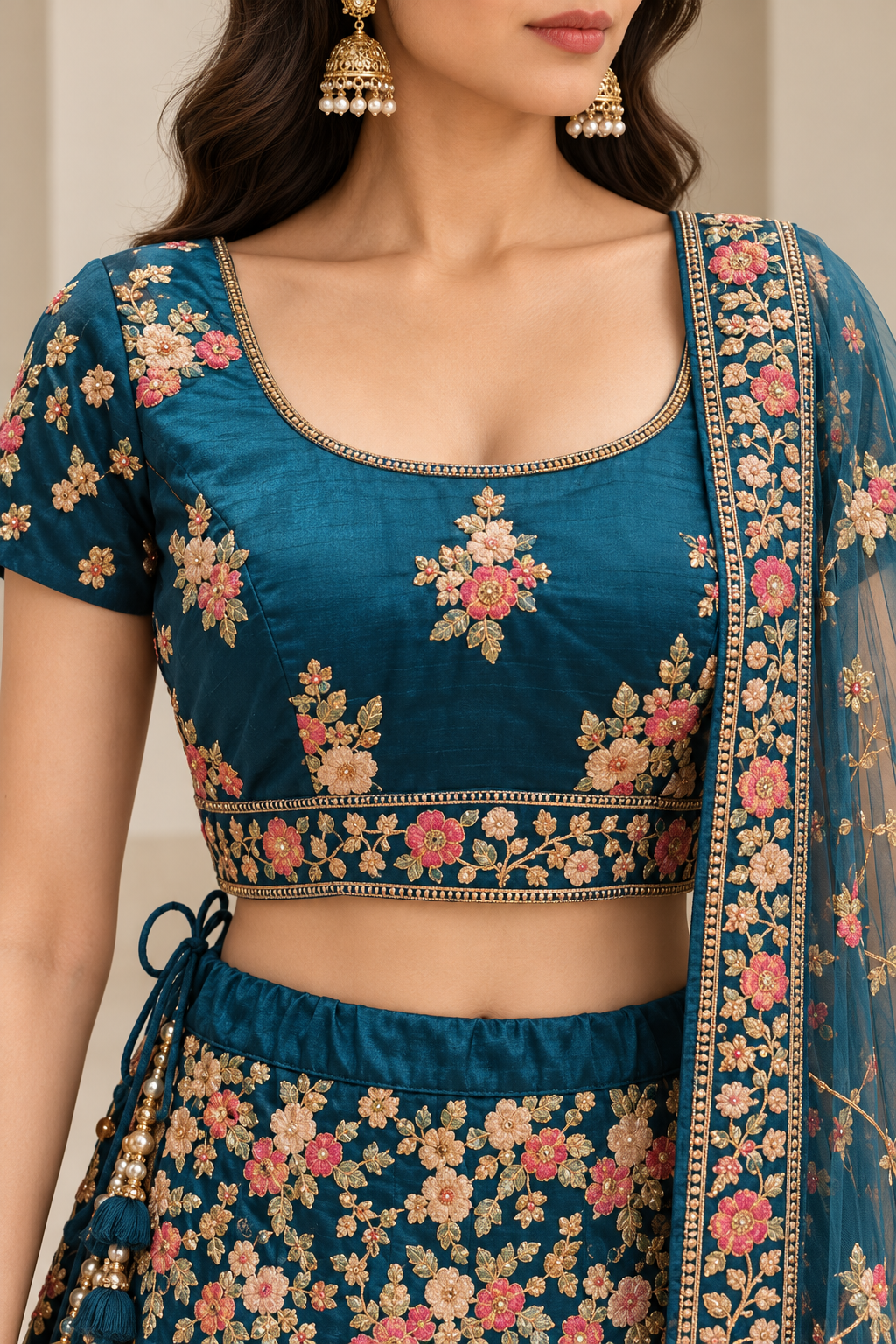 Teal Blue Floral Embroidered Lehenga Choli with Dupatta