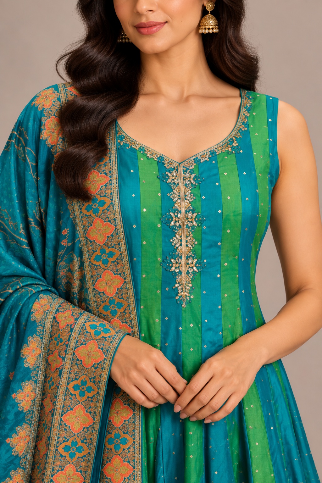 Teal & Green Silk Anarkali Set