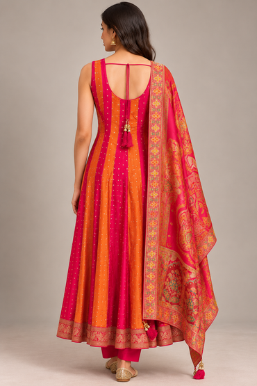 Fuchsia Pink & Orange Silk Anarkali Set