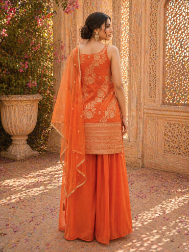 Vibrant Orange Tissue Silk Kurta Set with Palazzo & Dupatta | Festive & Wedding Wear