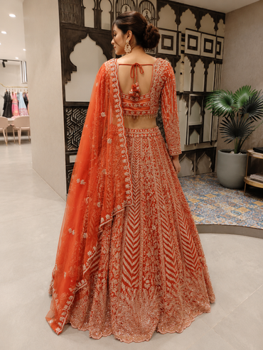 Rust Orange Heavy Embroidered Bridal Lehenga Set with Net Dupatta