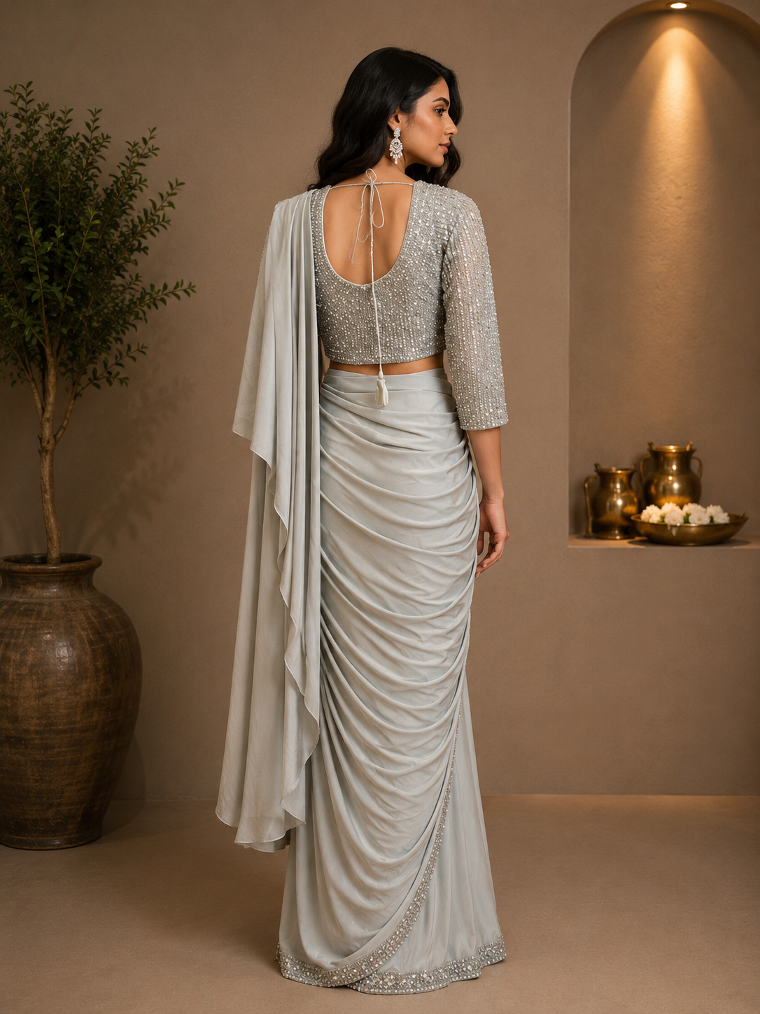 Grey Lycra Designer Saree with Heavy Embellished Blouse