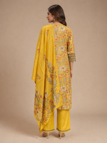 Floral Printed Silk Kurta Set with Embroidered Detailing & Dupatta | Festive & Ethnic Wear