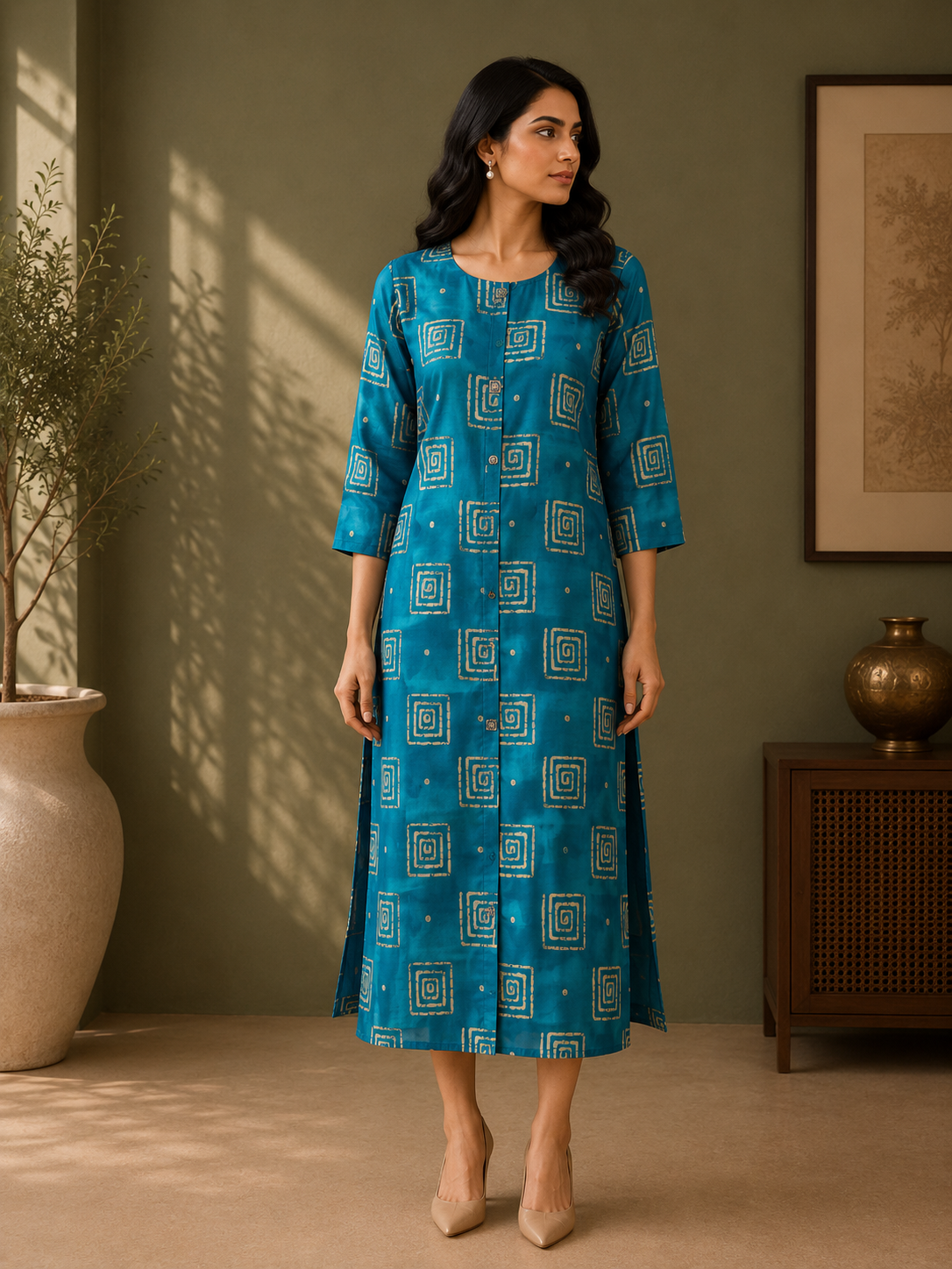 Teal Blue Muslin Silk Geometric Printed A-Line Dress for Women – Rithika Suits
