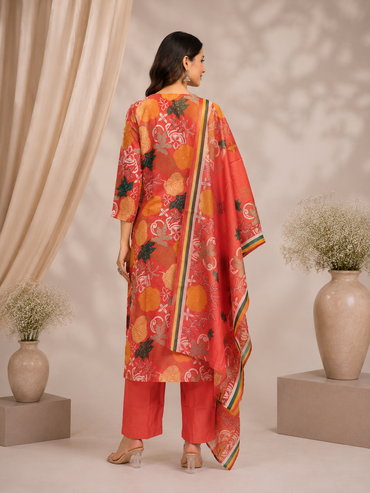 Coral Floral Printed Muslin Silk Kurta Set with Dupatta