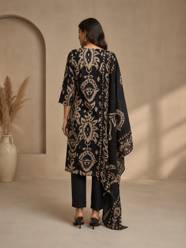 Black Muslin Silk Printed Kurta Set with Dupatta
