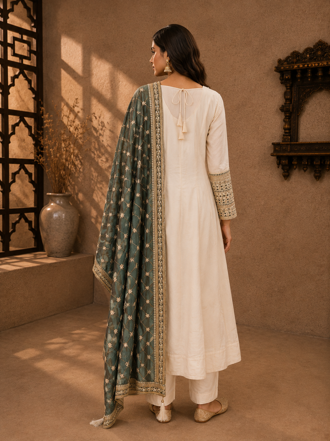 Ivory White Vichitra Silk Embroidered Kurta Set with Grey Dupatta