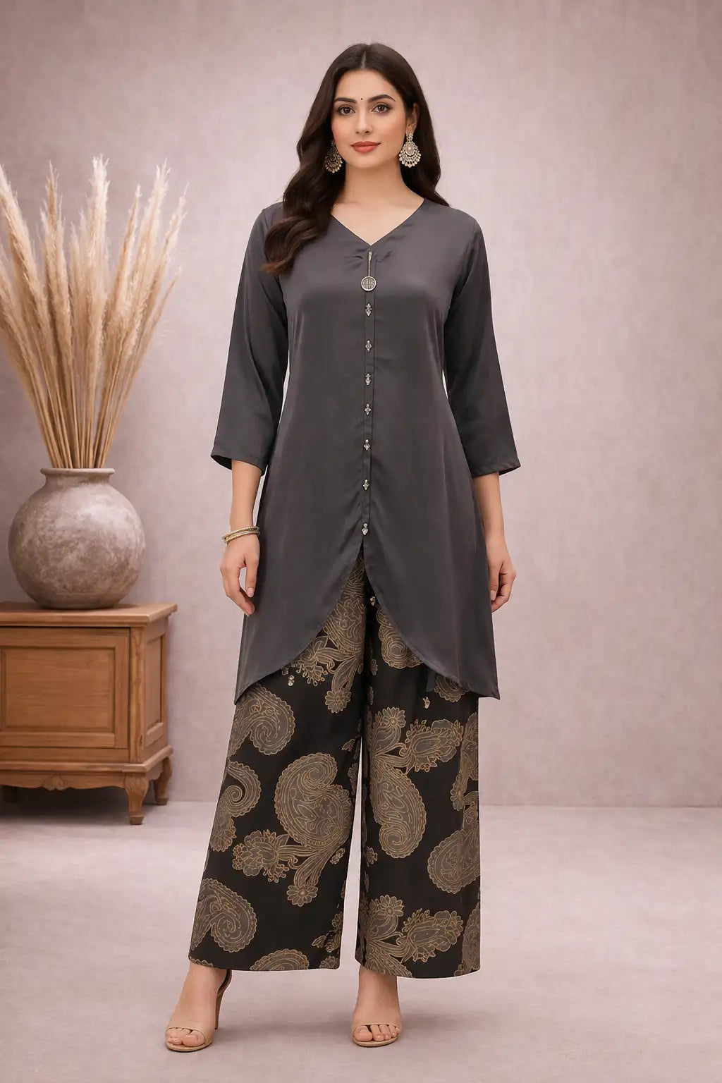 Women's Charcoal Grey Silk Asymmetrical Kurta Palazzo Set