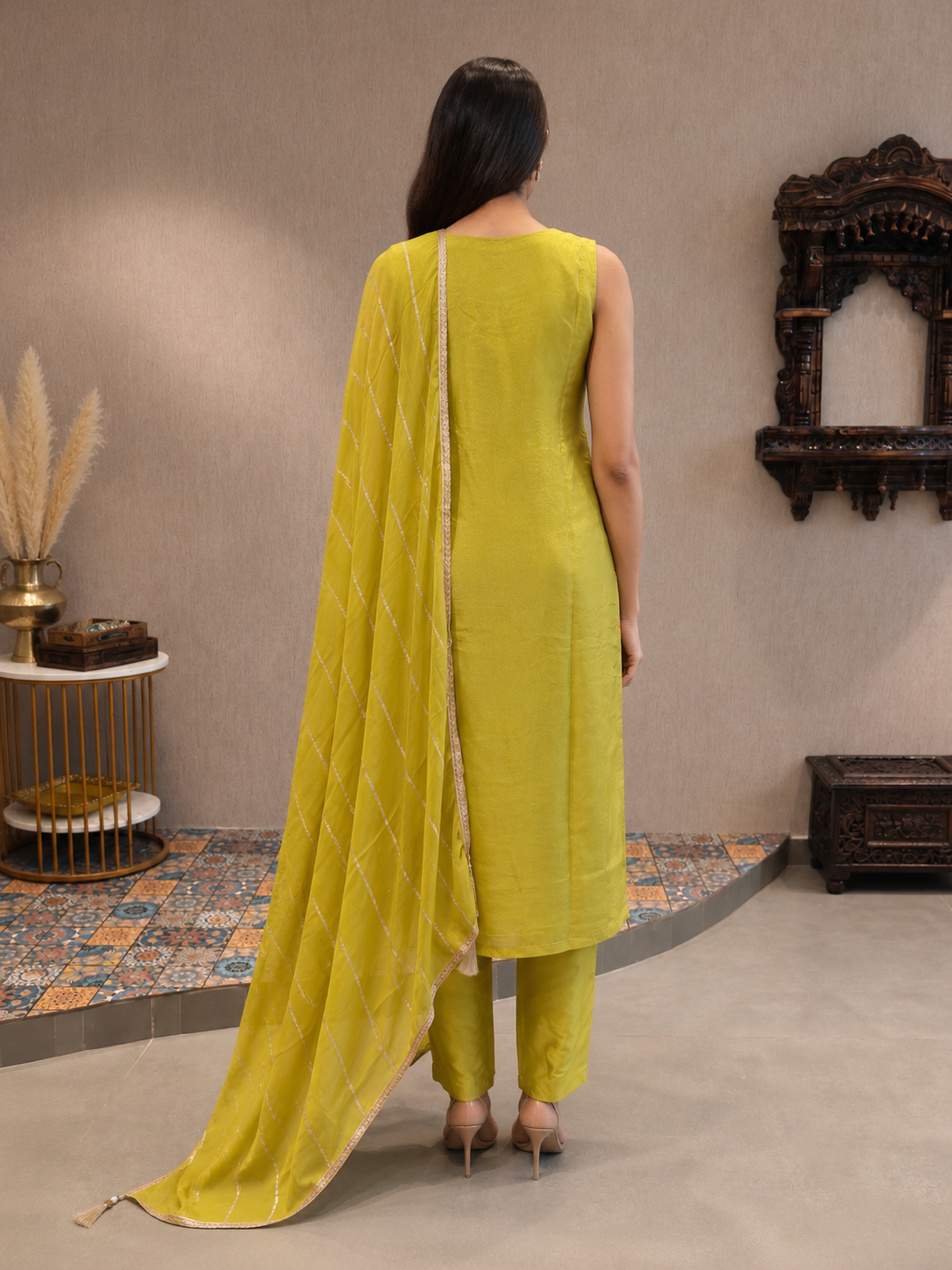 Women's Lime Green Tissue Silk Embroidered Kurta Pant Set with Dupatta