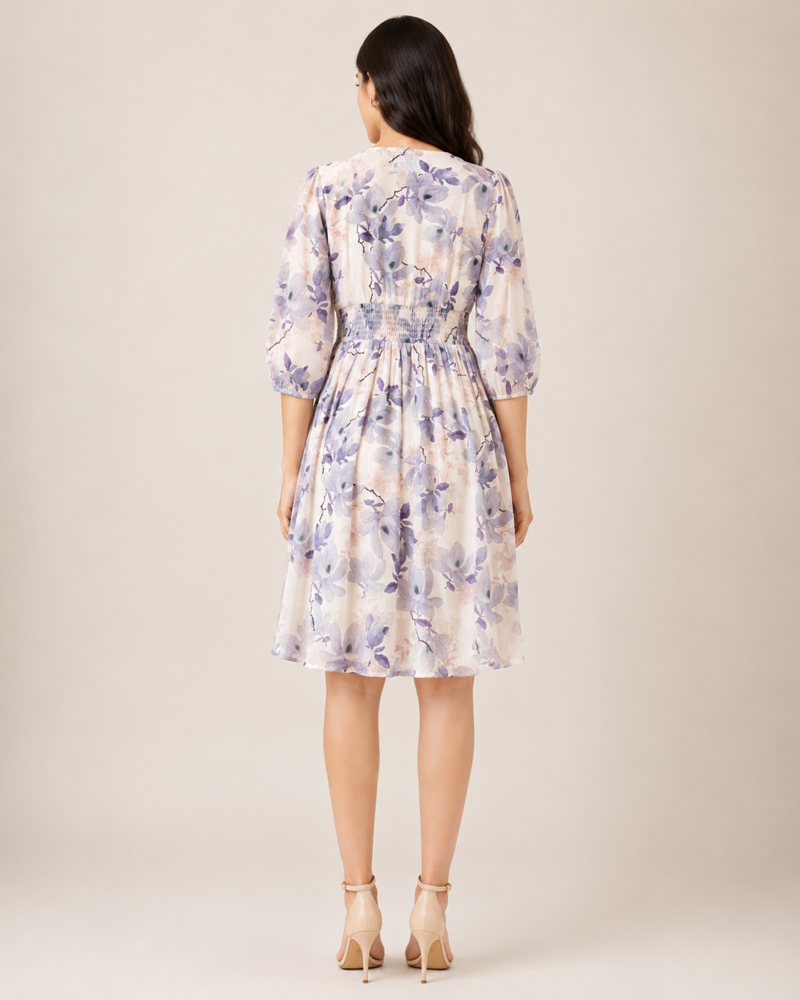 Imported Lycra Floral Printed Fit & Flare Midi Dress – Lavender Bloom