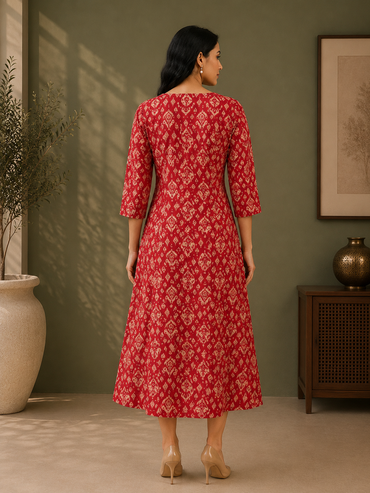Red Muslin Silk Ethnic Printed A-Line Dress for Women