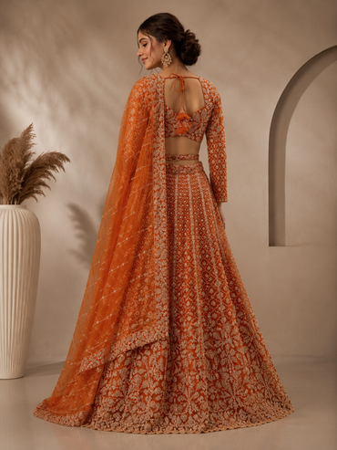 Rust Orange Bridal Embroidered Lehenga Set with Net Dupatta